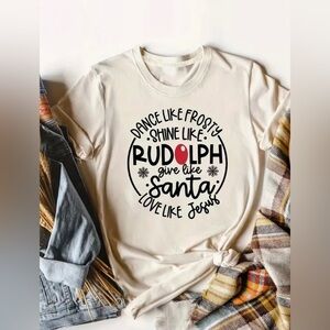 Womens Christmas Dance Like Frosty Love Like Jesus Cream Short Sleeve Tee